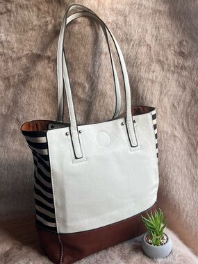 White, Brown & navy blue Striped Tote Bag